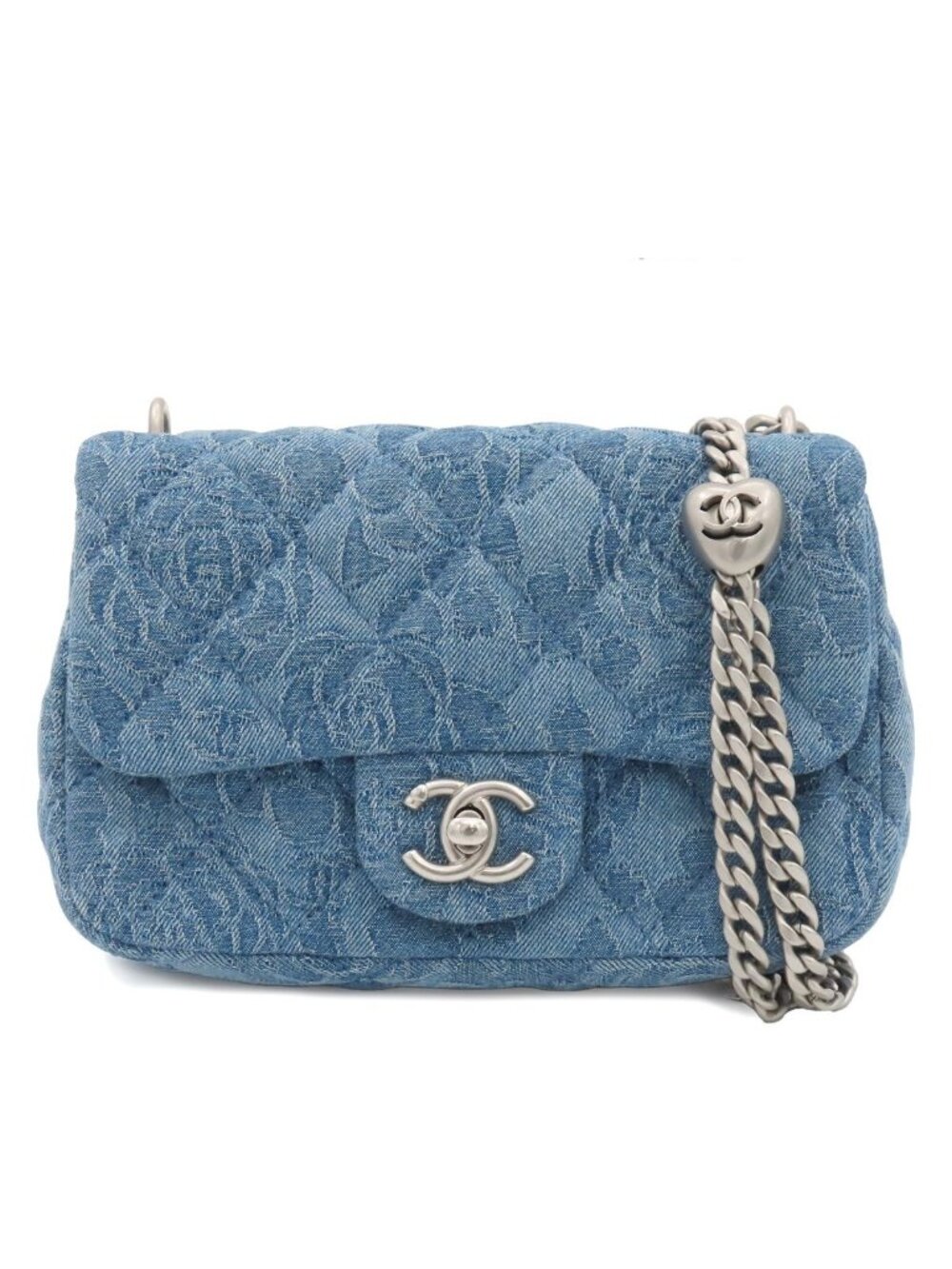 Chanel Shoulder Bag Blue Silver Denim Rose Camellia Quilted Mini Flap Heart